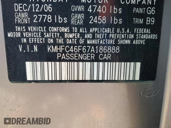 2007 Hyundai Azera SE with VIN KMHFC46F67A186888, listed as a Copart auction lot 51207075 with 128,801 mi miles and Salvage Title. Bid and sale history available at carsss.com. Image 12.