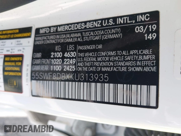 2019 Mercedes-Benz C 300 with VIN 55SWF8DBXKU313935, listed as a IAAI auction lot 42023753 with 120,777 mi miles and . Bid and sale history available at DreamBid. Image 9.