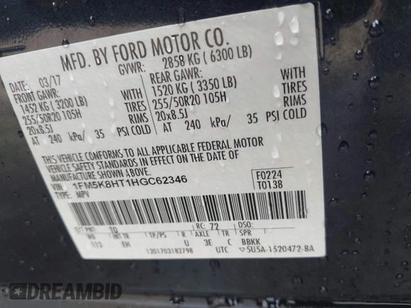 2017 Ford Explorer Platinum с VIN 1FM5K8HT1HGC62346, выставлен на аукционе IAAI как лот 42238041 с пробегом 91 926 миль миль и . История ставок и продаж доступна на DreamBid. Изображение 9.
