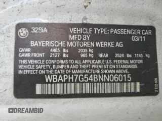 2011 BMW 3 Series 328i with VIN WBAPH7G54BNN06015, listed as a Copart auction lot 45019305 with 0 mi miles and Salvage Title. Bid and sale history available at carsss.com. Image 12.