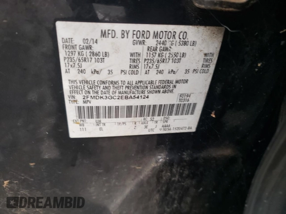 2014 Ford Edge SE with VIN 2FMDK3GC2EBA54124, listed as a Copart auction lot 60573485 with Not provided miles and Clean title. Bid and sale history available at DreamBid. Image 13.