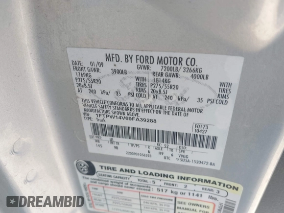 2009 Ford F-150 XL with VIN 1FTPW14V69FA39288, listed as a IAAI auction lot 41373161 with 167,020 mi miles and . Bid and sale history available at DreamBid. Image 9.
