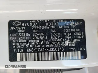2019 Hyundai Kona SE with VIN KM8K1CAA3KU358148, listed as a Copart auction lot 57460732 with 63,256 mi miles. Bid and sale history available at carsss.com. Image 10.