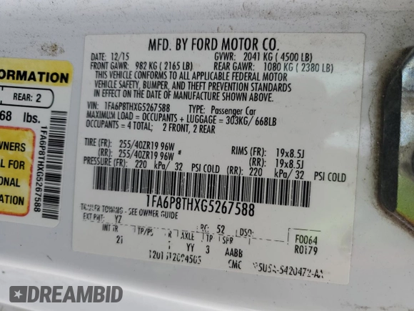 2016 Ford Mustang EcoBoost with VIN 1FA6P8THXG5267588, listed as a Copart auction lot 54658075 with 145,595 mi miles and Salvage Title. Bid and sale history available at DreamBid. Image 13.