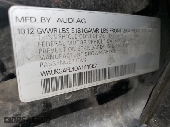 2013 Audi S4 Prestige with VIN WAUKGAFL4DA141582, listed as a Copart auction lot 45417075 with 140,727 mi miles and Salvage Title. Bid and sale history available at carsss.com. Image 12.