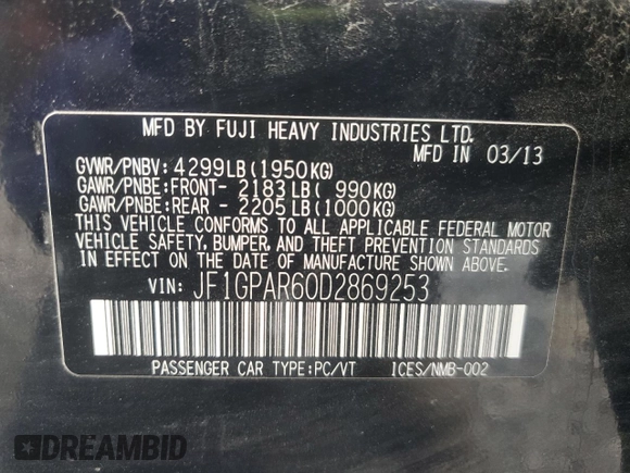 2013 Subaru Impreza Special Sports Limited with VIN JF1GPAR60D2869253, listed as a Copart auction lot 59677245 with 101,111 mi miles and Salvage title. Bid and sale history available at DreamBid. Image 13.