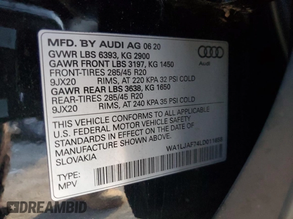 2020 Audi Q7 Premium Plus with VIN WA1LJAF74LD011658, listed as a Copart auction lot 88143785 with 44,250 mi miles and Salvage title. Bid and sale history available at DreamBid. Image 13.