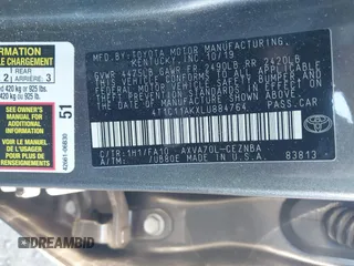 2020 Toyota Camry LE with VIN 4T1C11AKXLU884764, listed as a IAAI auction lot 40821088 with 111,631 mi miles. Bid and sale history available at carsss.com. Image 9.