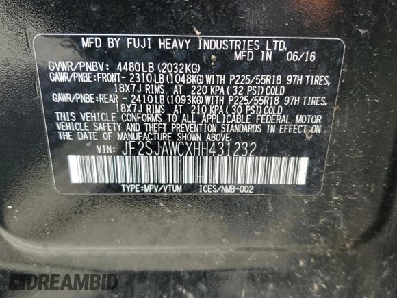 2017 Subaru Forester Touring z VIN JF2SJAWCXHH431232, wystawiony jako Copart lot #61625265 z przebiegiem 67 280 mil mil oraz Szkoda całkowita • Salvage title. Historia ofert i sprzedaży dostępna na DreamBid. Obrazek 12.
