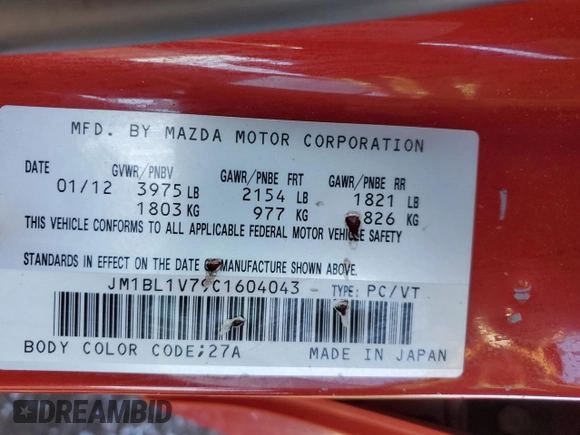 2012 Mazda 3 i Touring with VIN JM1BL1V79C1604043, listed as a Copart auction lot 48041555 with 196,248 mi miles and Salvage Title. Bid and sale history available at DreamBid. Image 13.