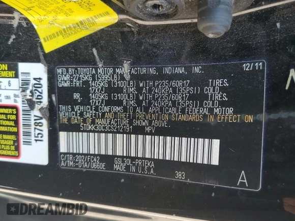 2012 Toyota Sienna LE AAS с VIN 5TDKK3DC3CS212191, выставлен на аукционе Copart как лот 60565215 с пробегом 214 957 миль миль и Чистый • Clean title. История ставок и продаж доступна на DreamBid. Изображение 13.