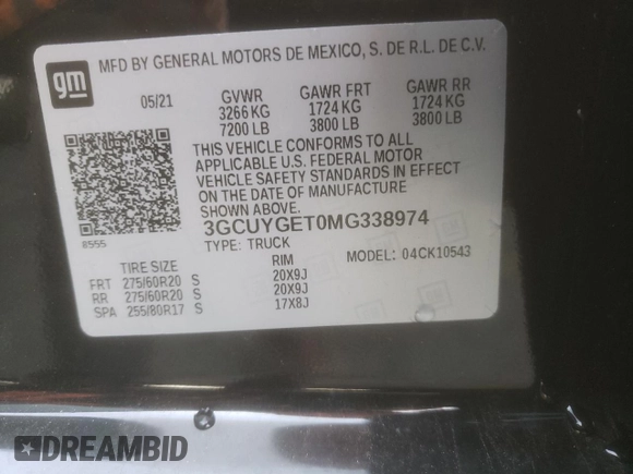2021 Chevrolet Silverado 1500 LTZ with VIN 3GCUYGET0MG338974, listed as a Copart auction lot 47618705 with 87,076 mi miles and Salvage Title. Bid and sale history available at DreamBid. Image 13.