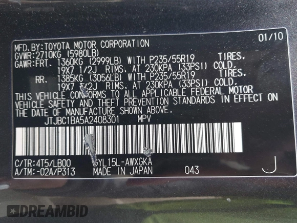2010 Lexus RX 450h with VIN JTJBC1BA5A2408301, listed as a IAAI auction lot 41801639 with 264,134 mi miles and . Bid and sale history available at DreamBid. Image 9.
