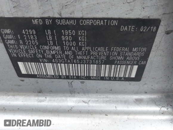 2018 Subaru Impreza Limited with VIN 4S3GTAT65J3731857, listed as a IAAI auction lot 42199163 with 62,621 mi miles and . Bid and sale history available at DreamBid. Image 9.