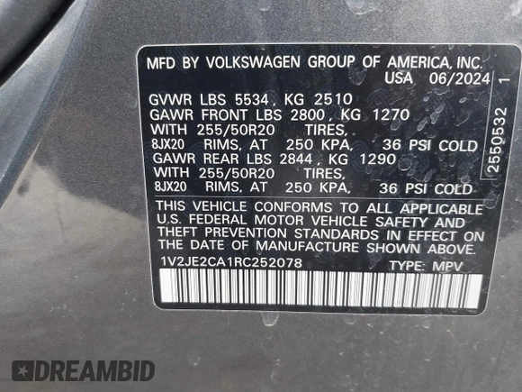 2024 Volkswagen Atlas SE z VIN 1V2JE2CA1RC252078, wystawiony jako IAAI lot #42061482 z przebiegiem 10 396 mil mil oraz . Historia ofert i sprzedaży dostępna na DreamBid. Obrazek 9.