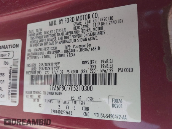 2015 Ford Mustang GT z VIN 1FA6P8CF7F5310300, wystawiony jako IAAI lot #41944703 z przebiegiem Nie podano mil oraz . Historia ofert i sprzedaży dostępna na DreamBid. Obrazek 9.