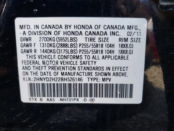 2011 Acura MDX with VIN 2HNYD2H22BH526146, listed as a IAAI auction lot 40602187 with 1 mi miles. Bid and sale history available at carsss.com. Image 9.