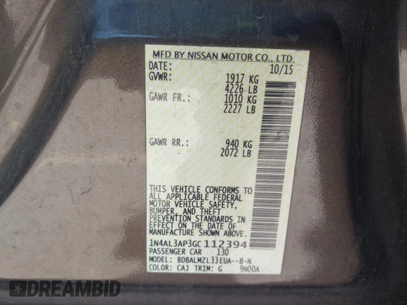2016 Nissan Altima S with VIN 1N4AL3AP3GC112394, listed as a IAAI auction lot 41861895 with 89,134 mi miles and . Bid and sale history available at DreamBid. Image 9.