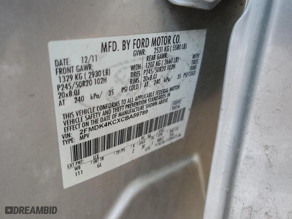 2012 Ford Edge Limited with VIN 2FMDK4KCXCBA59789, listed as a Copart auction lot 43960425 with NaN miles and Salvage Title. Bid and sale history available at carsss.com. Image 13.