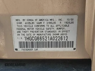 2001 Honda Accord LX with VIN 1HGCG66521A022612, listed as a IAAI auction lot 39372406 with Not provided miles and . Bid and sale history available at DreamBid. Image 9.