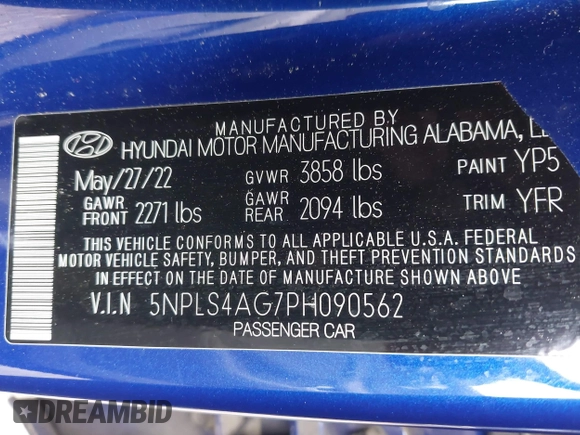 2023 Hyundai Elantra SEL with VIN 5NPLS4AG7PH090562, listed as a IAAI auction lot 42253438 with 56,800 mi miles and . Bid and sale history available at DreamBid. Image 9.
