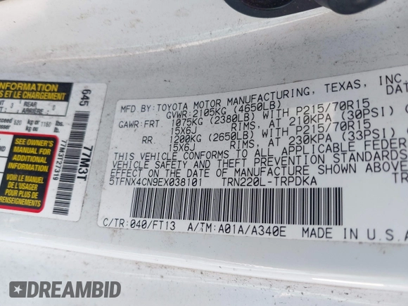 2014 Toyota Tacoma with VIN 5TFNX4CN9EX038101, listed as a IAAI auction lot 41487967 with 103,012 mi miles and . Bid and sale history available at DreamBid. Image 9.
