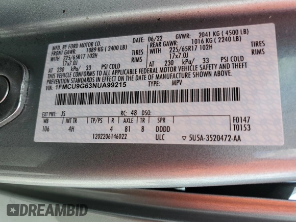 2022 Ford Escape SE with VIN 1FMCU9G63NUA99215, listed as a Copart auction lot 48889895 with 25,759 mi miles and Non Repairable. Bid and sale history available at carsss.com. Image 15.