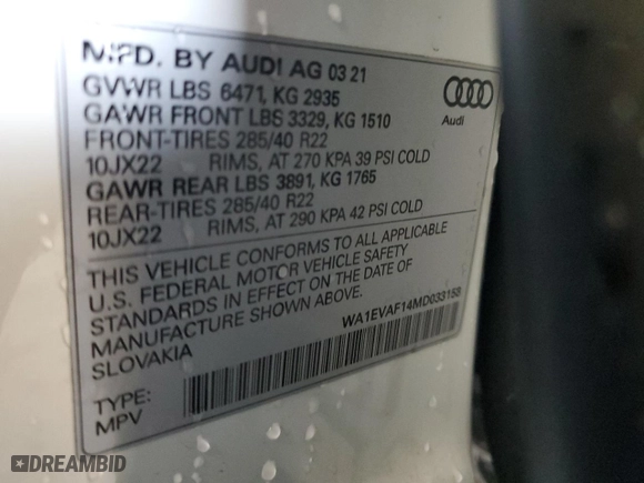 2021 Audi Q8 Premium Plus with VIN WA1EVAF14MD033153, listed as a Copart auction lot 47657525 with 52,168 mi miles and Salvage Title. Bid and sale history available at carsss.com. Image 13.