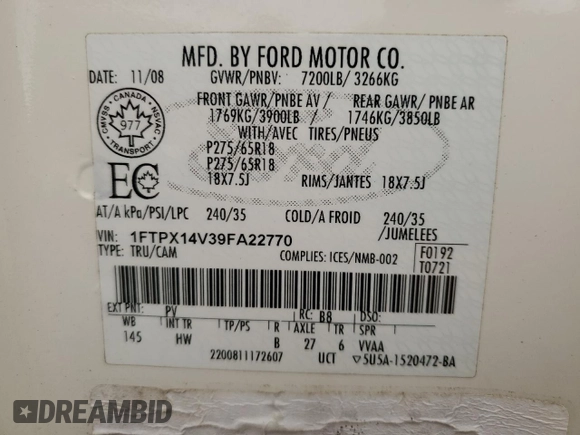 2009 Ford F-150 XL with VIN 1FTPX14V39FA22770, listed as a Copart auction lot 49878895 with 230,063 mi miles and Salvage Title. Bid and sale history available at carsss.com. Image 12.