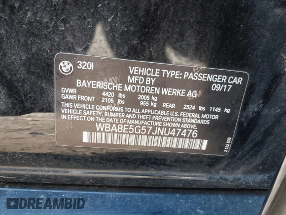 2018 BMW 3 Series 320i xDrive with VIN WBA8E5G57JNU47476, listed as a IAAI auction lot 41319816 with 38,755 mi miles. Bid and sale history available at carsss.com. Image 9.