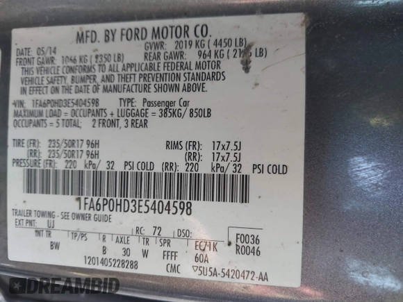 2014 Ford Fusion SE with VIN 1FA6P0HD3E5404598, listed as a IAAI auction lot 41854404 with 219,552 mi miles and . Bid and sale history available at DreamBid. Image 9.