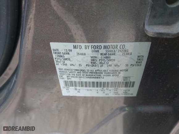 2010 Ford Edge Limited with VIN 2FMDK3KC3ABA68972, listed as a IAAI auction lot 41353607 with 216,995 mi miles. Bid and sale history available at carsss.com. Image 9.