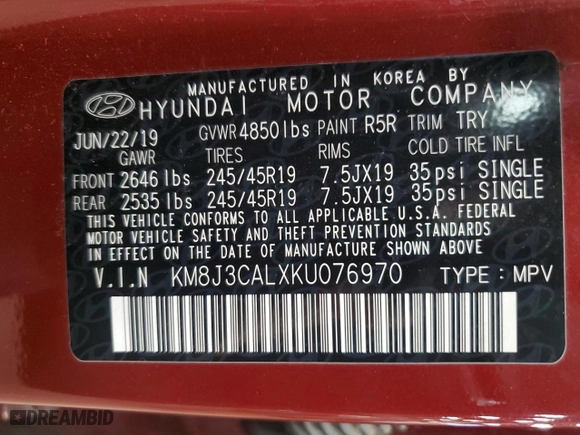 2019 Hyundai Tucson SEL with VIN KM8J3CALXKU076970, listed as a Copart auction lot 46262805 with 72,804 mi miles and Salvage Title. Bid and sale history available at carsss.com. Image 13.