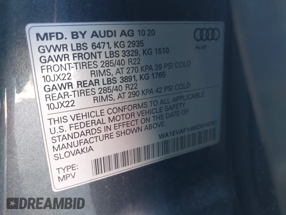 2021 Audi Q8 Premium Plus z VIN WA1EVAF14MD014781, wystawiony jako IAAI lot #42080085 z przebiegiem 53 171 mil mil oraz . Historia ofert i sprzedaży dostępna na DreamBid. Obrazek 9.