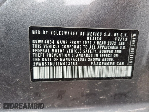 2020 Volkswagen Jetta S with VIN 3VWN57BU1LM013953, listed as a Copart auction lot 57895395 with 47,368 mi miles and Salvage title. Bid and sale history available at DreamBid. Image 12.