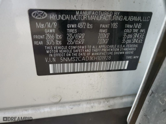 2019 Hyundai Santa Fe SE with VIN 5NMS2CAD1KH101928, listed as a Copart auction lot 47944875 with 75,511 mi miles and Clean Title. Bid and sale history available at carsss.com. Image 13.