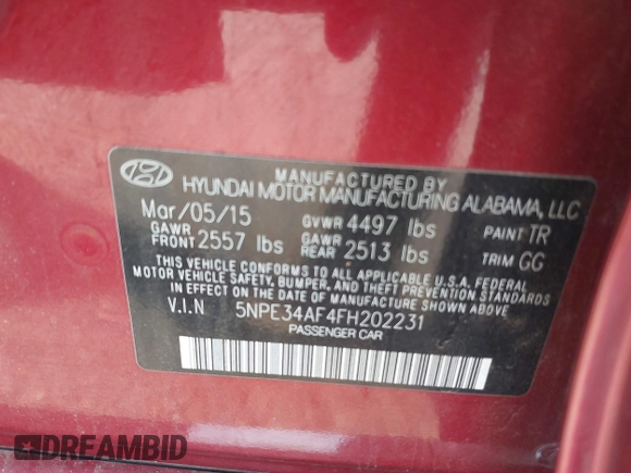 2015 Hyundai Sonata Limited with VIN 5NPE34AF4FH202231, listed as a IAAI auction lot 40904070 with 138,366 mi miles and . Bid and sale history available at carsss.com. Image 9.