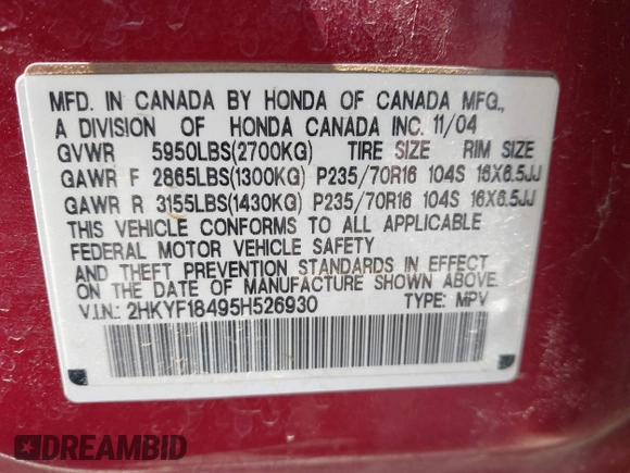 2005 Honda Pilot EX with VIN 2HKYF18495H526930, listed as a IAAI auction lot 41902628 with 128,055 mi miles. Bid and sale history available at carsss.com. Image 9.