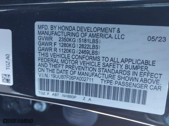 2023 Acura TLX Type S with VIN 19UUB7F06PA002711, listed as a IAAI auction lot 41641648 with 1 mi miles. Bid and sale history available at carsss.com. Image 9.