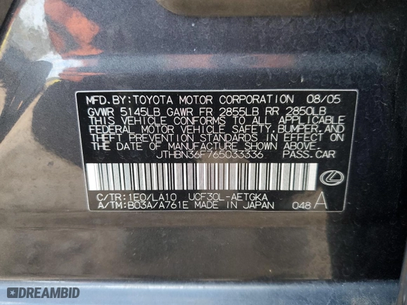 2006 Lexus LS 430 with VIN JTHBN36F765033336, listed as a Copart auction lot 85871854 with 149,106 mi miles and Salvage Title. Bid and sale history available at carsss.com. Image 12.