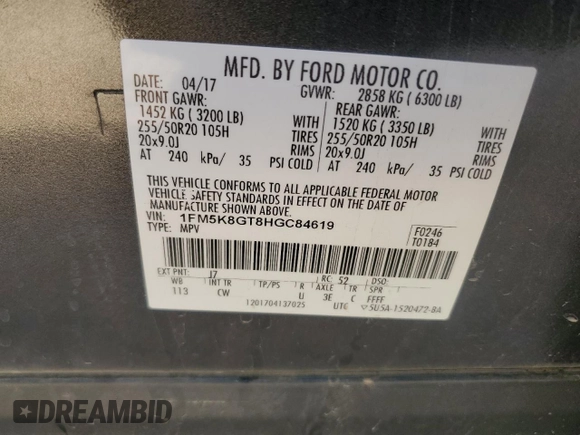 2017 Ford Explorer Sport z VIN 1FM5K8GT8HGC84619, wystawiony jako Copart lot #52810845 z przebiegiem 68 225 mil mil oraz Szkoda całkowita • Salvage title. Historia ofert i sprzedaży dostępna na DreamBid. Obrazek 13.