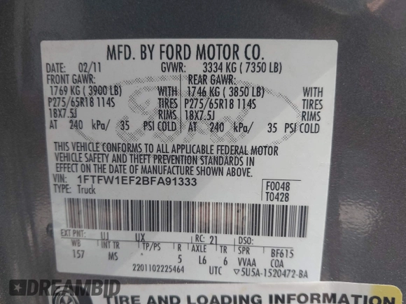 2011 Ford F-150 XL with VIN 1FTFW1EF2BFA91333, listed as a IAAI auction lot 42196334 with 263,972 mi miles. Bid and sale history available at carsss.com. Image 9.