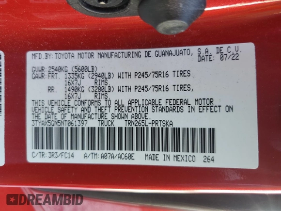 2022 Toyota Tacoma SR with VIN 3TYAX5GN5NT061397, listed as a Copart auction lot 54817565 with 23,198 mi miles and Salvage title. Bid and sale history available at DreamBid. Image 12.