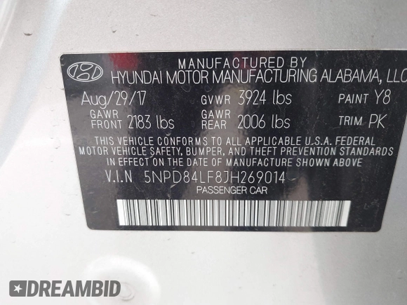 2018 Hyundai Elantra SEL with VIN 5NPD84LF8JH269014, listed as a IAAI auction lot 42023718 with 84,617 mi miles and . Bid and sale history available at DreamBid. Image 9.