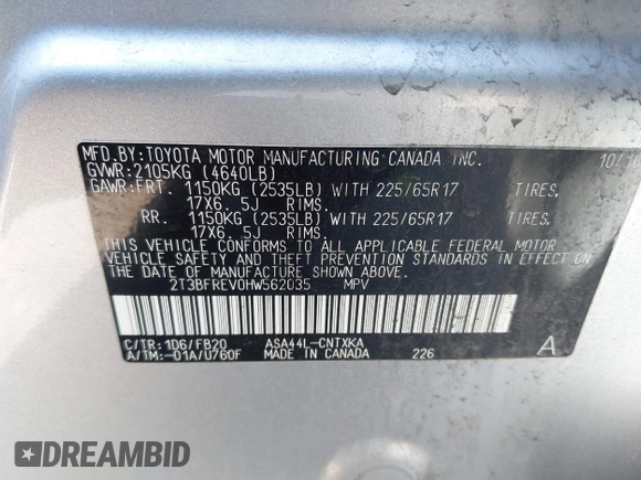 2017 Toyota RAV4 LE with VIN 2T3BFREV0HW562035, listed as a IAAI auction lot 41755916 with 77,562 mi miles. Bid and sale history available at carsss.com. Image 9.