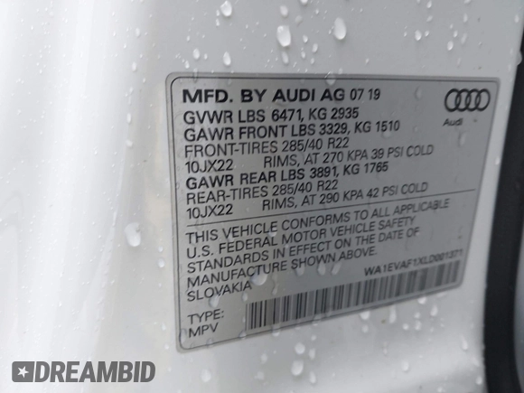 2020 Audi Q8 Premium Plus with VIN WA1EVAF1XLD001371, listed as a IAAI auction lot 41598033 with 39,744 mi miles and . Bid and sale history available at DreamBid. Image 9.
