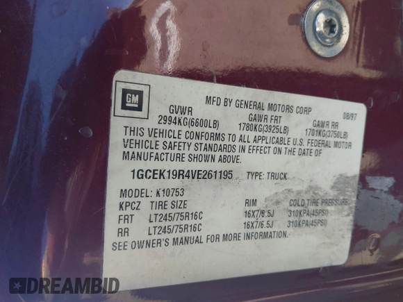 1997 Chevrolet Silverado 1500 with VIN 1GCEK19R4VE261195, listed as a IAAI auction lot 41637380 with 221,662 mi miles and . Bid and sale history available at DreamBid. Image 9.