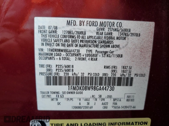 2008 Ford Taurus X Eddie Bauer with VIN 1FMDK08W98GA44730, listed as a Copart auction lot 43870555 with 67,340 mi miles and Clean title. Bid and sale history available at DreamBid. Image 13.