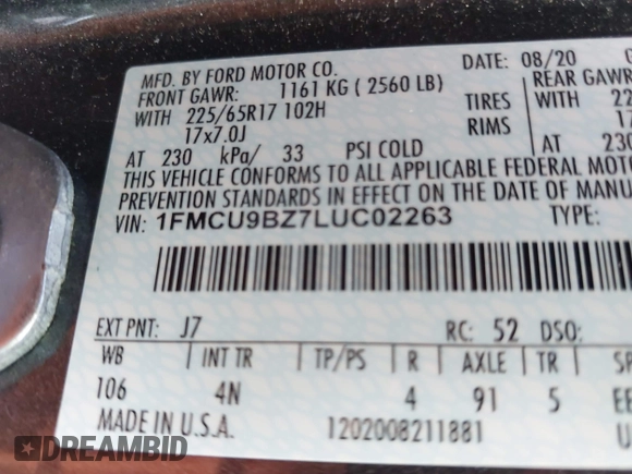2020 Ford Escape SE Sport Hybrid с VIN 1FMCU9BZ7LUC02263, выставлен на аукционе IAAI как лот 42585553 с пробегом 144 592 миль миль и . История ставок и продаж доступна на DreamBid. Изображение 9.