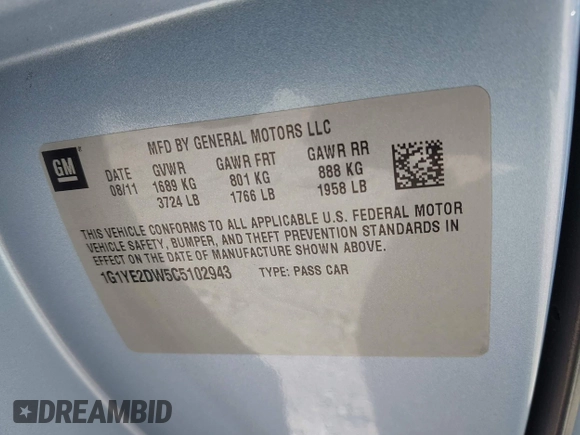 2012 Chevrolet Corvette 1LT with VIN 1G1YE2DW5C5102943, listed as a IAAI auction lot 42629221 with 66,979 mi miles and . Bid and sale history available at DreamBid. Image 9.